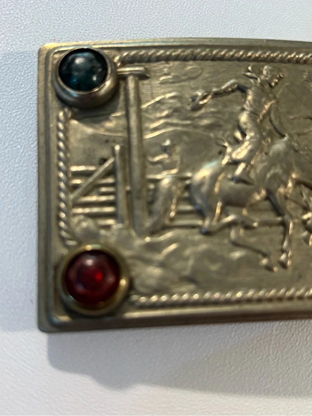 Vintage Western Motif Belt Buckle with Multicolor Stones 1940s? Cowboy